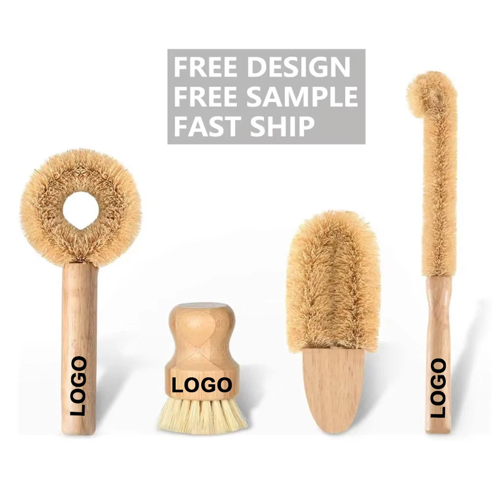 Custom Logo Eco-Friendly Durable Kitchen Scrubbing Brush Set with Bamboo Handle for Dish Bottle Pan Pot Cleaning