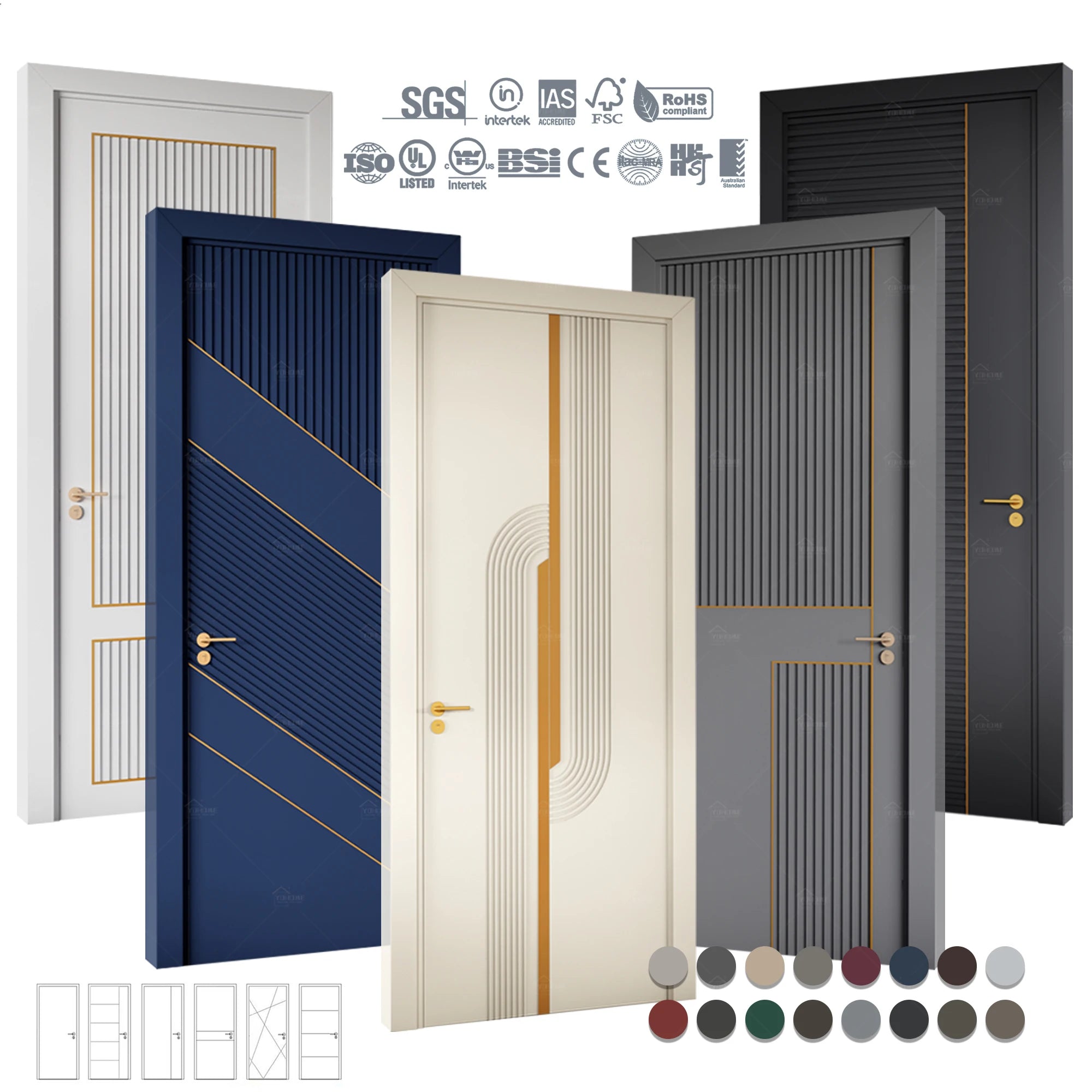 China Top Manufacturer Contemporary White Primed Groove Interior Door with Metal Inlay Flush Wood Door with Groove Design