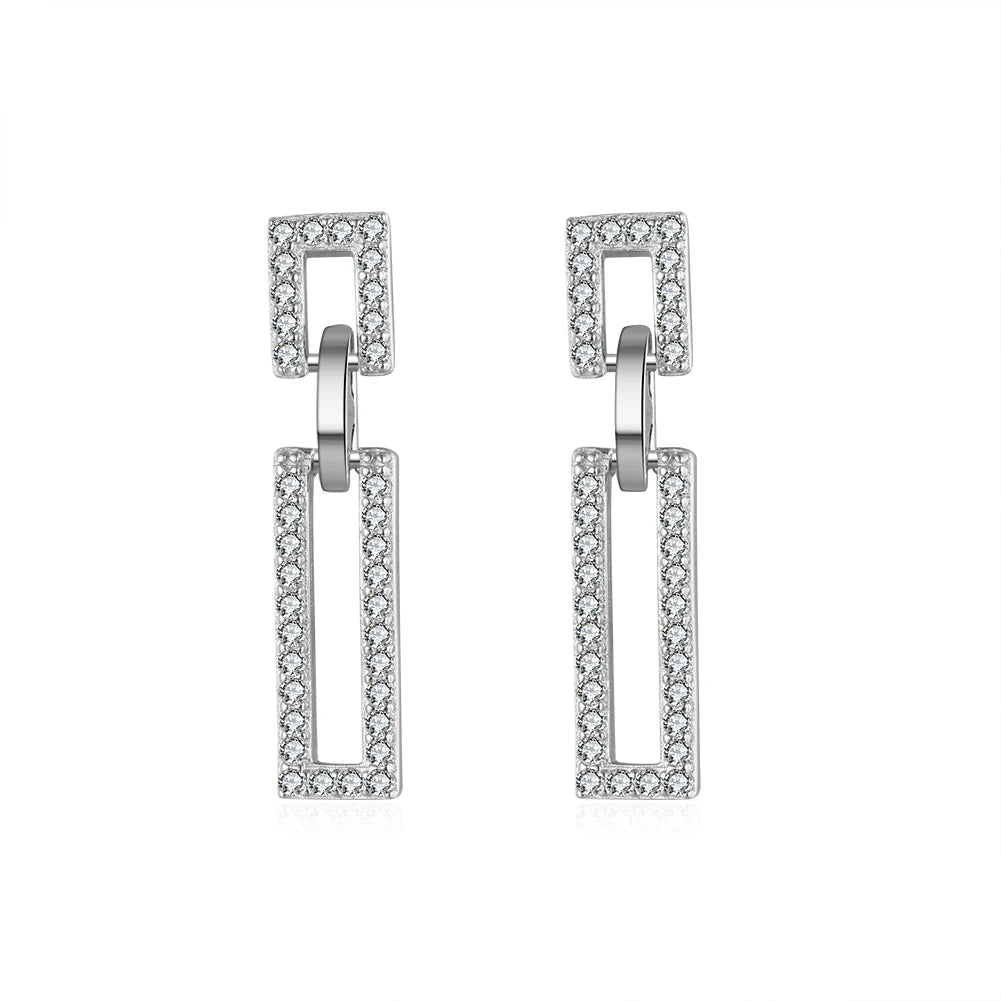 RINNTIN APE20 Fashion Double Square Dangle Drop Earrings Jewelry CZ Diamond 925 Sterling Silver Stud Earrings for Women
