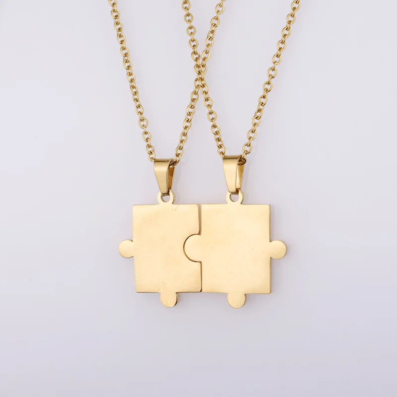 Trendy Custom Engraved Stainless Steel Geometric Matching Puzzle Necklace Gold Plated Link Chain for Couples