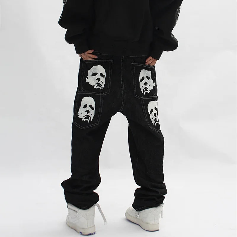 Spoof Portrait Print Denim Pants Mens High Street Funny Loose Straight-leg Pants Streetwear Casual Jeans Trousers Men