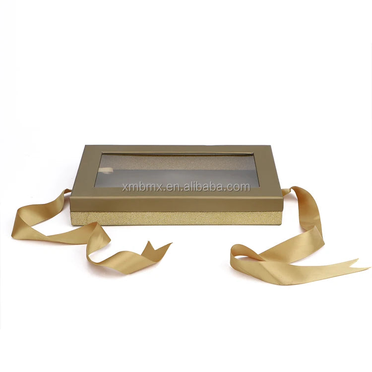 Custom Embossed Ribbon Gift Packaging Small Jewelry Boxes Rigid Paper Covered Hard Lid Clear Pvc Window for Gift Display