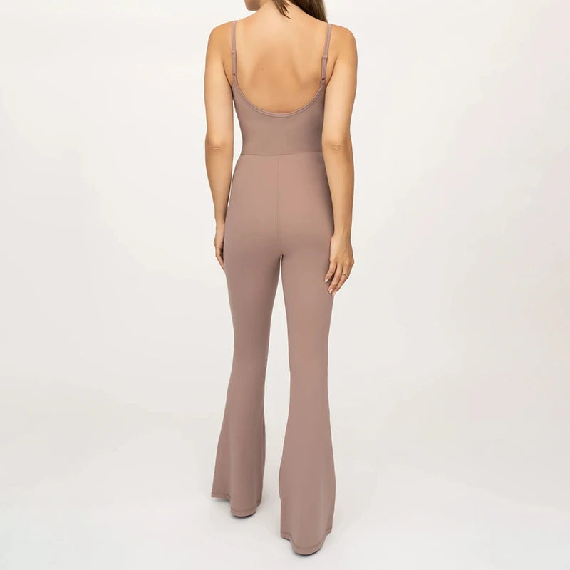Custom Women Elastin Backless Workout Romper Fitness One Piece Yoga Flared Jumpsuits Quick Dry Tummy Control Elegant Jumpsuit