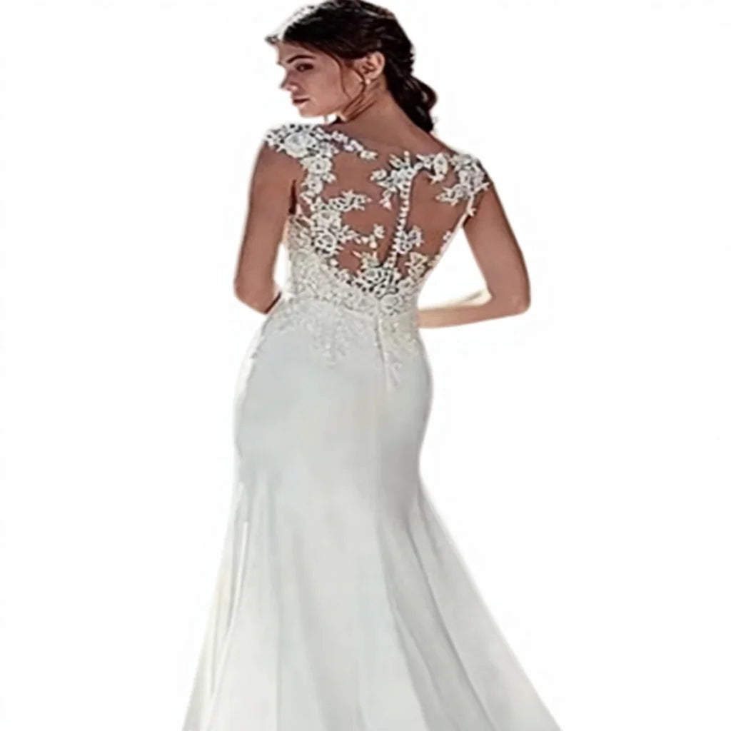 S1088T Elegant Vintage-Style Spring Wedding Dress Hot Selling A-Line Royal Lace Decoration Long Neck Floor-Length Chapel Train