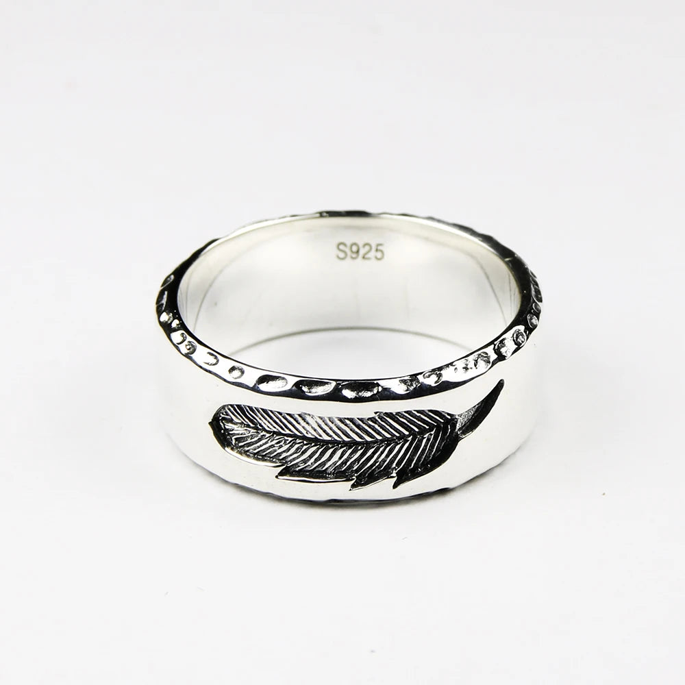 925 Sterling Silver Rings for Women and Men 7mm Feather Ring Polished Simple Smooth Vintage Punk Jewelry Couple Love Flowers