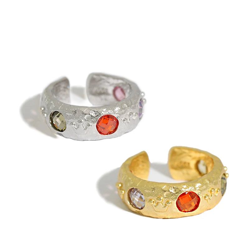 French Style Sterling Women's 925 Silver  Multicolor Zircon Princess Eternity Opening Ring