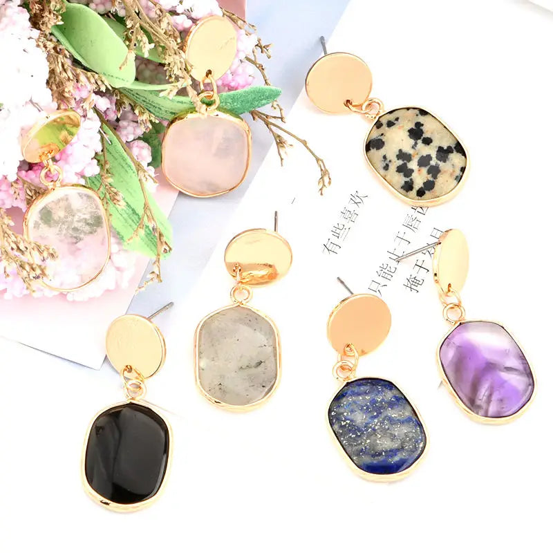 Fashion Trendy Jewelry Gemstone Hexagonal Earrings Wholesale Gold Edge Gemstone Pendant Earrings