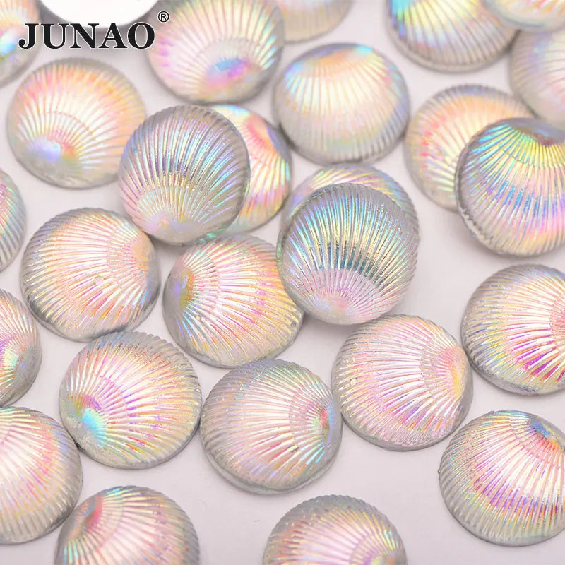 JUNAO 10mm Shell Resin Beads Flatback Round Stones Crystal AB Non Hotfix Round Rhinestones in Bulk