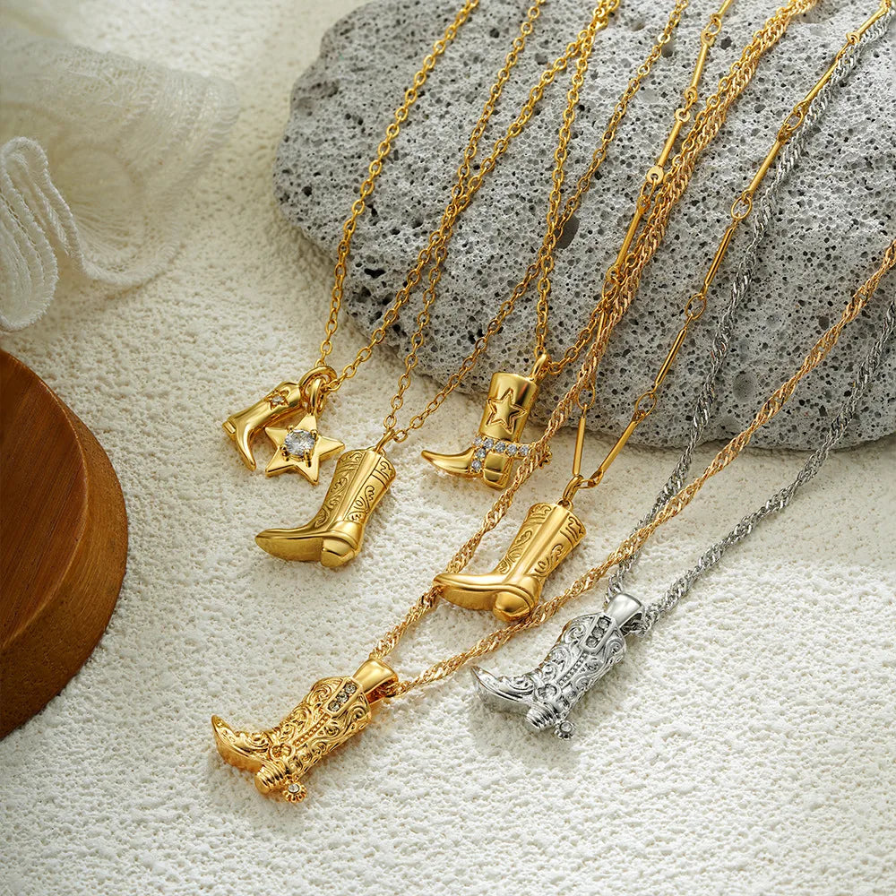 18K Gold Cowboy Boots Necklace Waterproof Stainless Steel Zircon Link Chain Party Jewelry Pendent