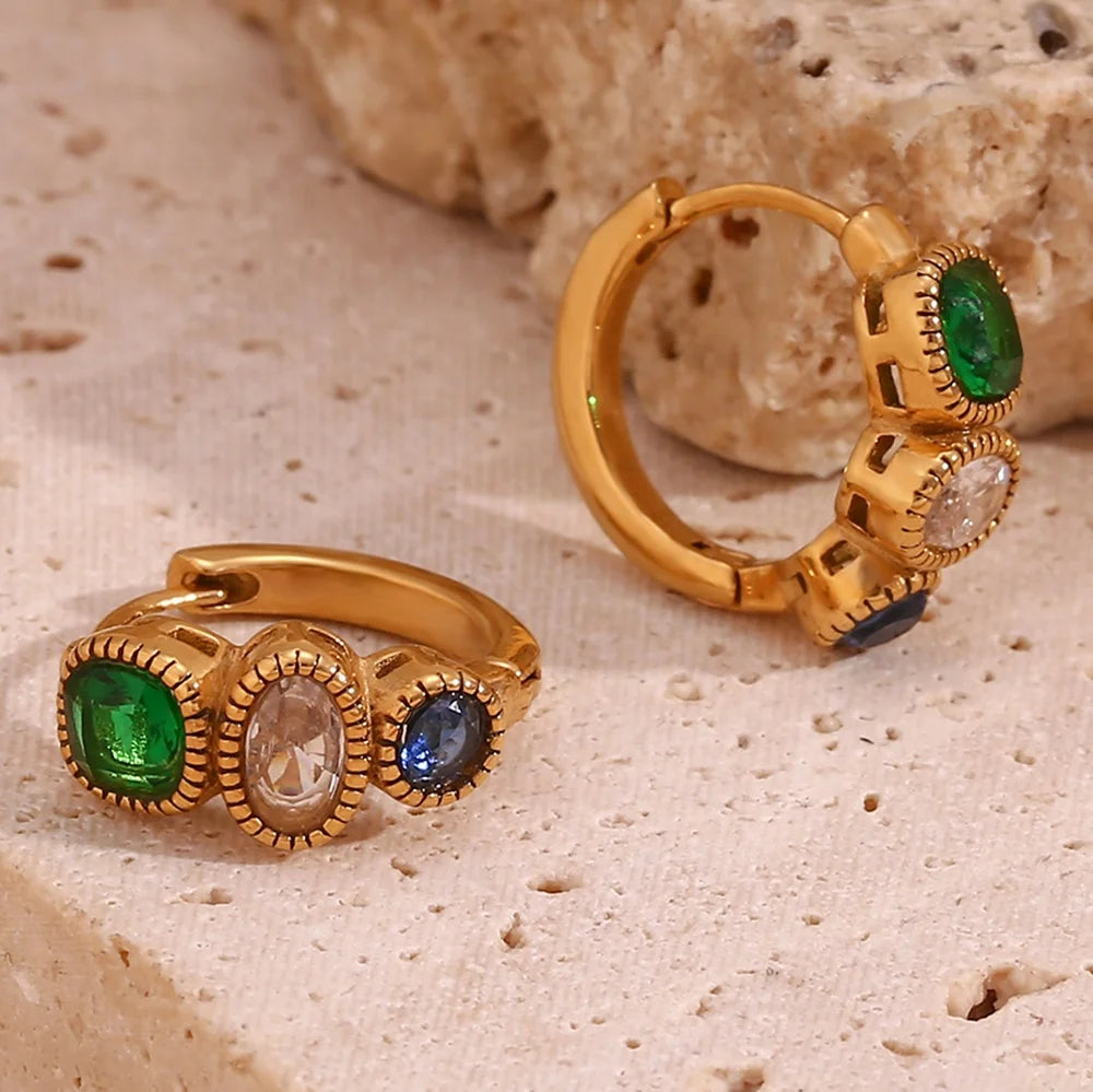 Vintage Colorful Zircon Huggie Earring Gold Plated Statement Earrings Stainless Steel Women Jewelry