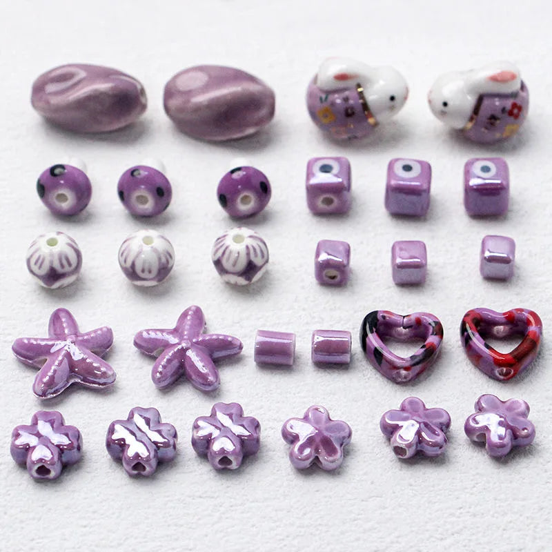 Romantic 10mm Purple Color Glazed Ceramic Clay Beaded Handmade Flower Heart Rabbit Shape Loose Bead Charm DIY Jewelry