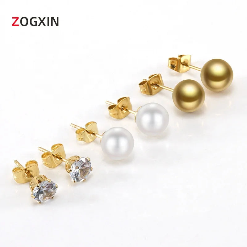 Women and Kids Gold Color Pearl Crystal Ball Press Piercing Stud Earrings Stainless Steel Fashion Drop Earrings Wholesale