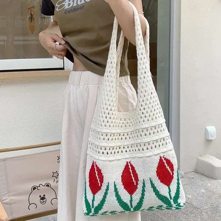 2024 Vintage Korean Ins Inspired Tulip Knitted Woolen Tote Bag for Women Casual Underarm Single Shoulder Fashionable Summer