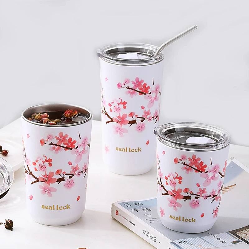 LULA Japanese Cherry Blossom Insulated Travel Tumbler Mug Stainless Steel Coffee Cup with Plastic Lid and Straw for Gift