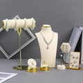 Beige Cream Microfiber Gold Metal Jewelry Display Stand Set Earring Necklace Ring Holder Stylish Jewellery Showcase for Home