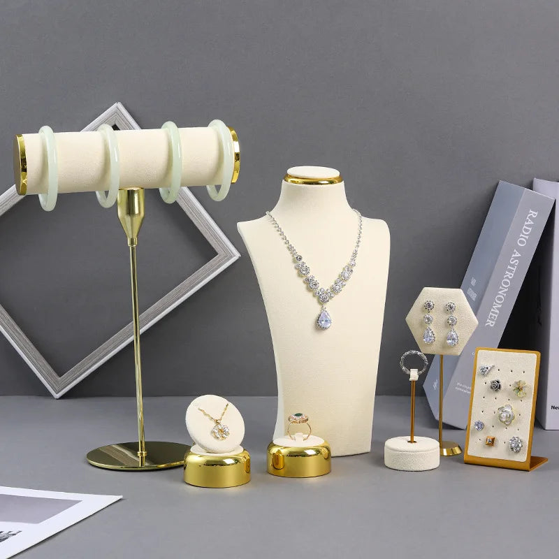 Beige Cream Microfiber Gold Metal Jewelry Display Stand Set Earring Necklace Ring Holder Stylish Jewellery Showcase for Home