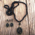 Fashion Women Gift Boho Jewelry Set Glass Long Knotted Metal Rhinestone Pave Drop Crystal Glass Beads Necklace Earring Set