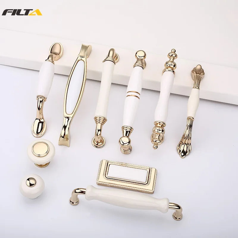 Zinc Ceramic Furniture Handles White Porcelain Luxury Cabinet Handle Antique Brass Bedroom Door Handle 5010
