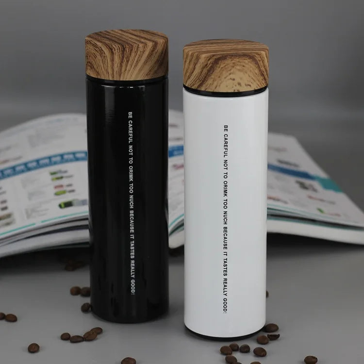 2024 Double Wall Stainless Steel Insulated Vacuum Flask Hot Cool Drinking Water Bottle with Wooden Grain Color Lid