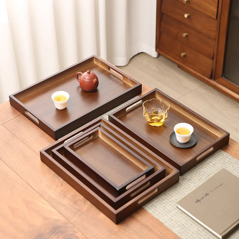 Custom Decorative Coffee Tea Bamboo Wooden Breakfast Food Tray Acacia Wood Serving Tray with Handles