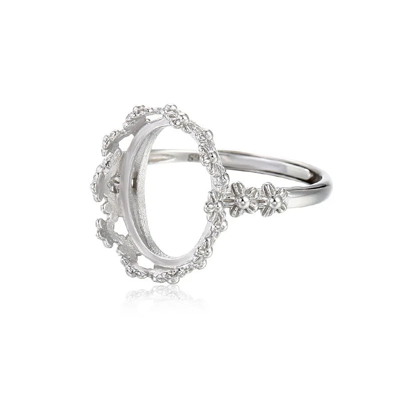 925 Sterling Silver Flower Bezel Inlaid Women's Vintage Ring Set for Amber Turquoise Cabochons Silver Blank Ring Making