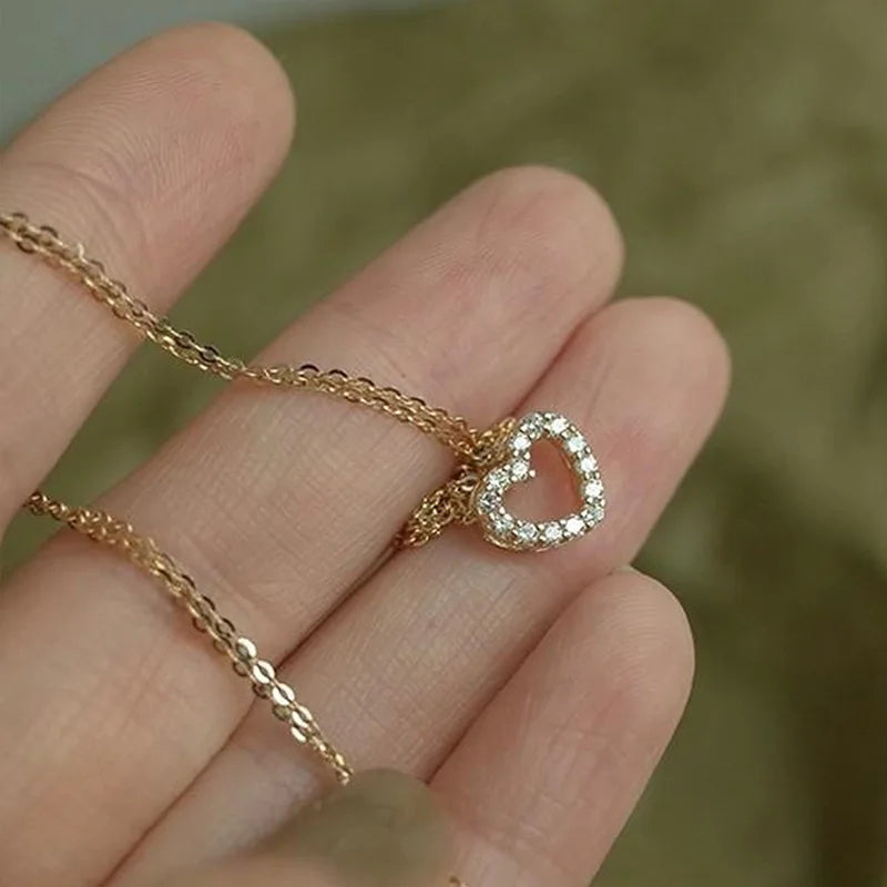 Fashion 925 Sterling Silver Hollowed love Heart Zircon Pendant Gold Plated Necklaces for Women Valentine's Day Present