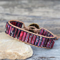 Fashion Boho Natural Red Emperor Jasper Single Leather Wrap Bracelet Semi-Precious Stone Beaded Cuff Bracelet Dropship