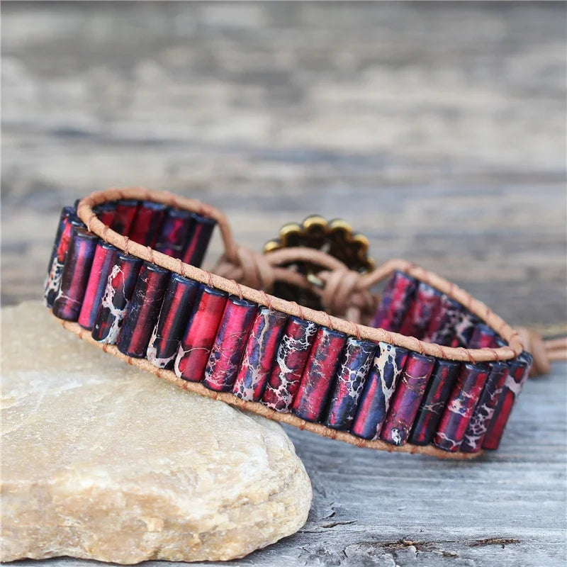 Fashion Boho Natural Red Emperor Jasper Single Leather Wrap Bracelet Semi-Precious Stone Beaded Cuff Bracelet Dropship