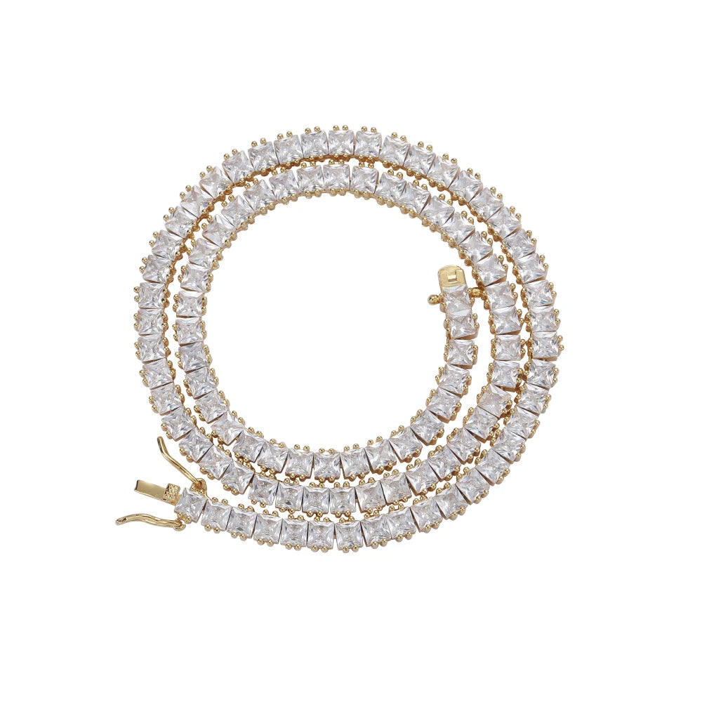 BC208  4mm Square CZ Brass Zircon Tennis Chain  Hip Hop Bling Jewelry Gold Silver  Necklace