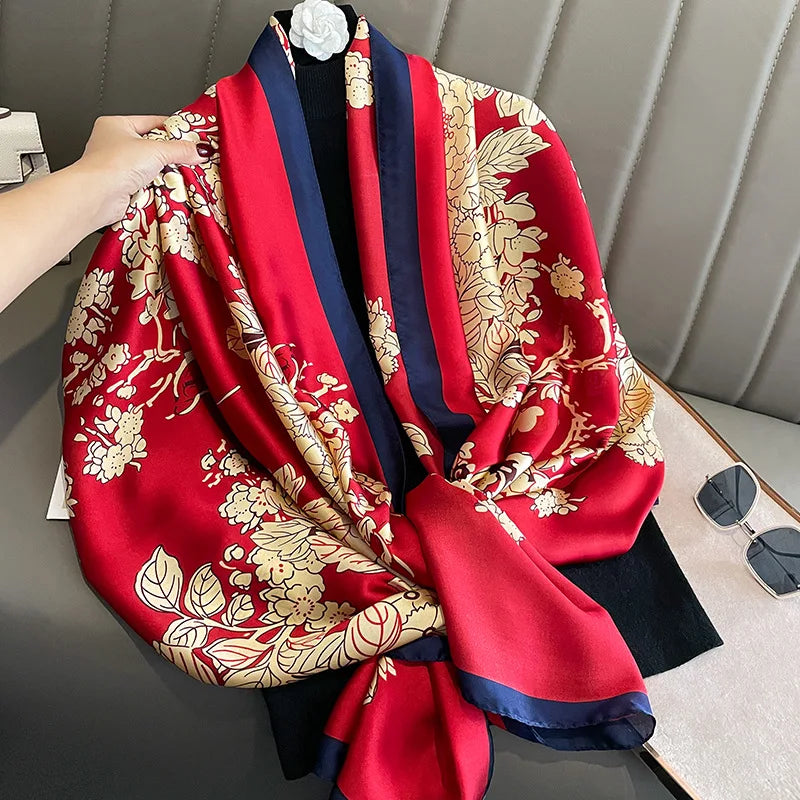 Stylish Newest Oversized Red Silk Printed Christmas Scarf Luxury Golden Flower Print Foulard Marocain for Women Hijabs & Shawls