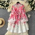 Vintage Stand Collar Tunic Casual Dress for Women Long Sleeve Printed Dress