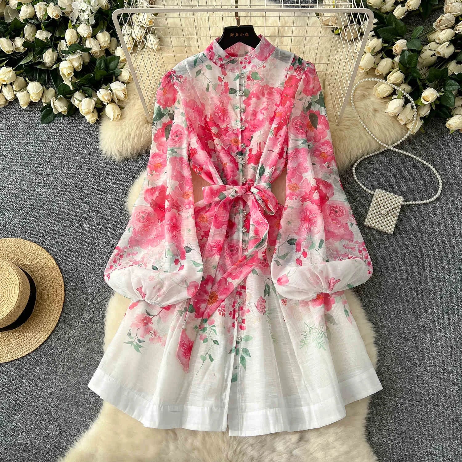 Vintage Stand Collar Tunic Casual Dress for Women Long Sleeve Printed Dress