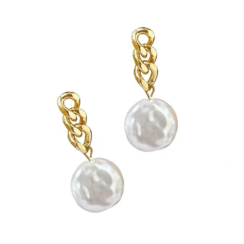 S925 Sterling Silver 12-13mm Baroque Freshwater Pearl Stud Earrings Needle Button Simple Stylish Tempered Stylish Temperament