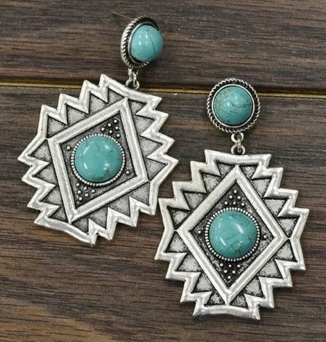 Vintage Southwest Antique Lightweight Turquoise Aztec Geometric Lozenge Earrings