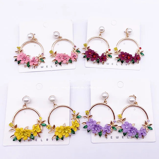 2025 Trendy Cute Enamel Flower Charm Rhinestone Earrings Women Unisex Jewelry Zinc Alloy 18K Gold Plated Anniversary