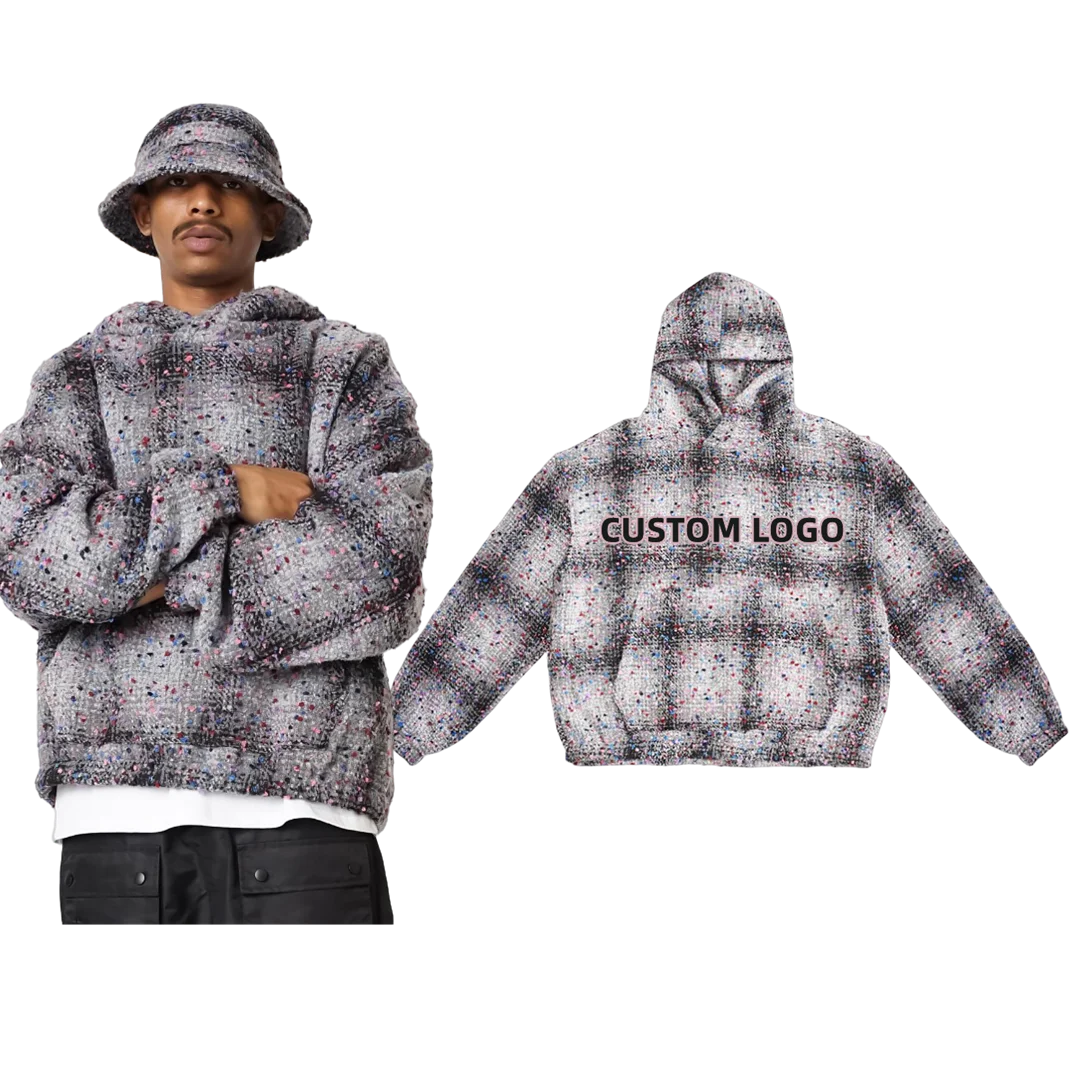 Custom Patch Embroidery Logo Graphic Design Tapestry Hoodie French Terry Zip up Jacket Tweed Fabric Men' Oversized Hoodie