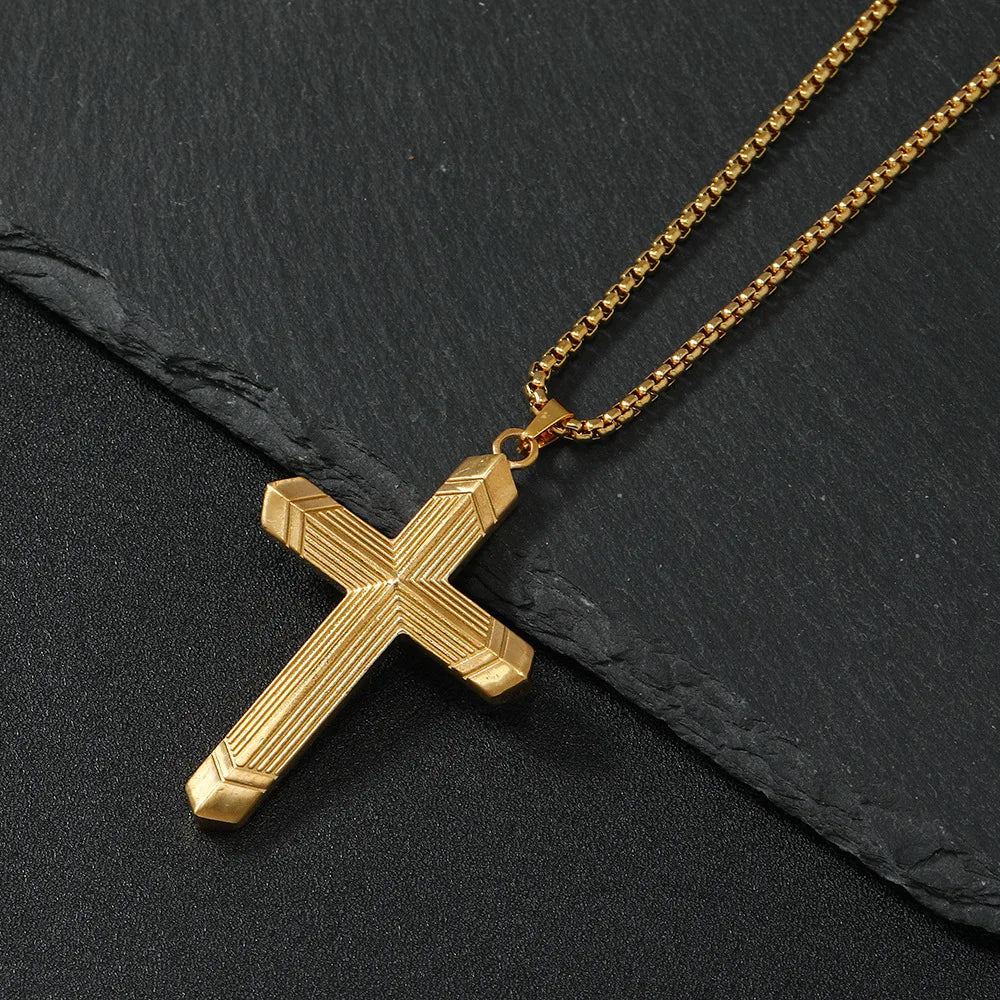 Vintage Jewelry 18K Gold Plated Twisted Rope Chain Cross Necklace Stainless Steel Striped Cross Pendant Necklace for Gift