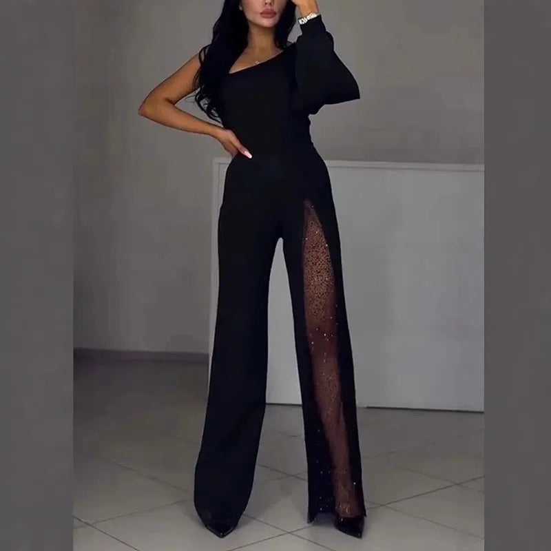 RNSHANGER New Women One Shoulder Sleeve Romper Elegant Mesh Long Pants Playsuits Sexy Asymmetrical High Waist Party Jumpsuit