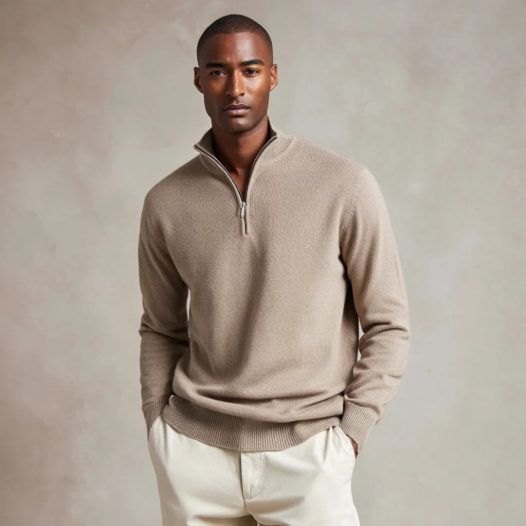 Men's Pure Cashmere Half-Zip Mock Neck Sweater Versatile Comfortable Anti-Wrinkle Anti-Shrink Knit Pullover for Winter Front ODM