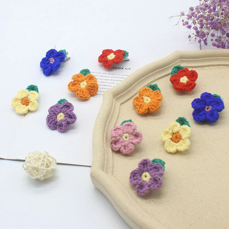 MIO Korea Sweet Knitted Flower Hair Clip Metal Mini Duckbill Hair Clip Handmade Crochet Hair Barrettes Girls Hairpin Side Clip