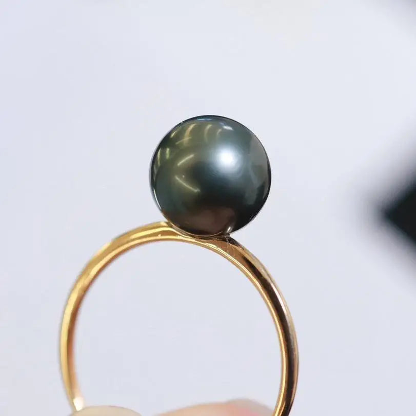 9-10mm Natural Round Tahiti Seawater Pearl Rings 18-K Gold with Loose Pearls Elegant High-end Style