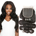 Black Virgin Brazilian 100% Remy Human Hair Extensions 18 Inch Body Wave 3 Part Lace Closure Pre-Plucked 5*5 Inches