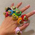 New Color Big Love Heart Acrylic Resin Rings Gold Metal Geometric Chunky Ring for Women Friends Couple Travel Jewelry