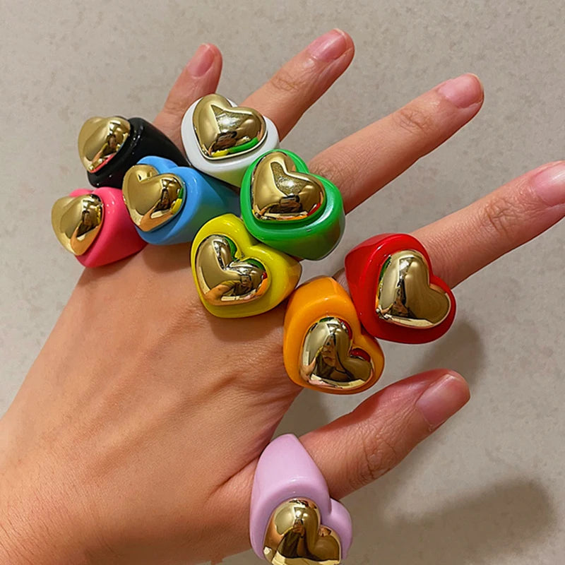 New Color Big Love Heart Acrylic Resin Rings Gold Metal Geometric Chunky Ring for Women Friends Couple Travel Jewelry