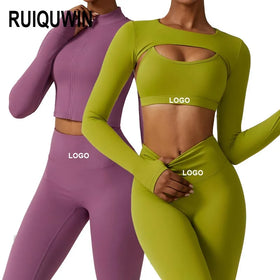 RUIQUWIN Custom Logo Sportswear Women High Waist Fitness Workout Clothing 4 Piece Yoga Sets Bra Legging Yoga Set
