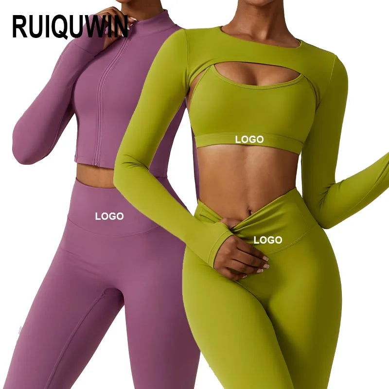 RUIQUWIN Custom Logo Sportswear Women High Waist Fitness Workout Clothing 4 Piece Yoga Sets Bra Legging Yoga Set