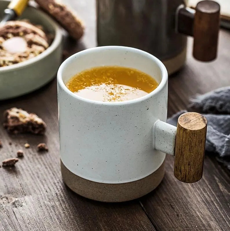 Nordic New Product Two Tone Design Custom Cappuccino Coffee Cup Ceramic Tea Cup With Wooden Handle