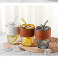 INS Style Home Coffee Milk Juice 13oz Glass Tumbler with Leather Lid Cap and Straw