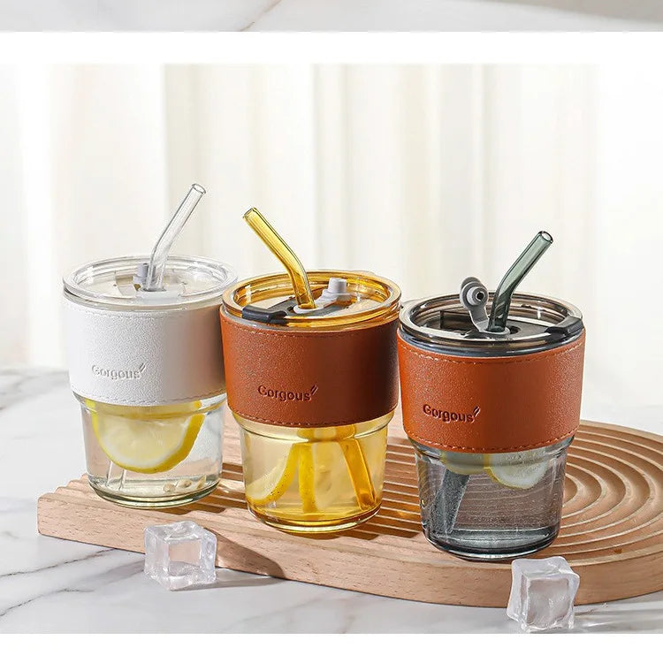INS Style Home Coffee Milk Juice 13oz Glass Tumbler with Leather Lid Cap and Straw