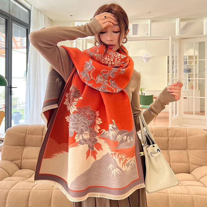 Luxury Retro Chinese Air Conditioning Shawl Elegant and Versatile Warm Scarf with Traditional Floral Leaf Pattern for Winter